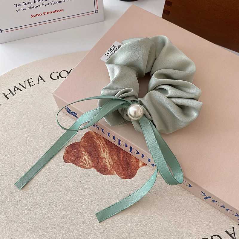 Fashion Ribbon Bow Pearl Hair Scrunchies Simple Solid Headbands Elegant Hair Ties Women Ponytail Rope Bands Hair Accessories Y250711