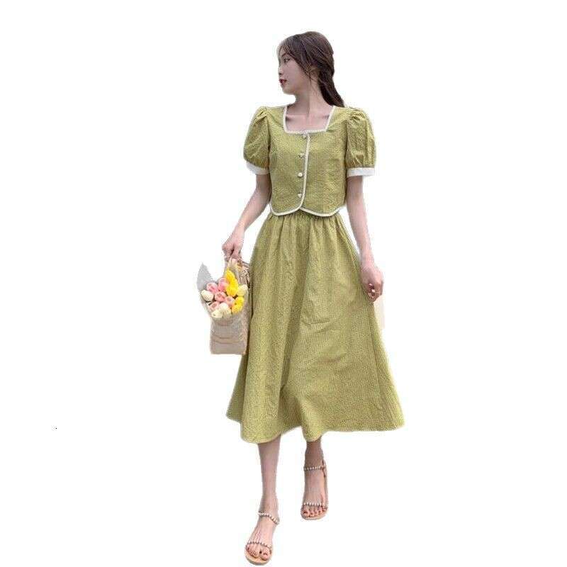 Summer New French Square Neck Puff Short Sleeve Shirt Women High Waist Mid-Length A-Line Skirt Gentle Style Set B5