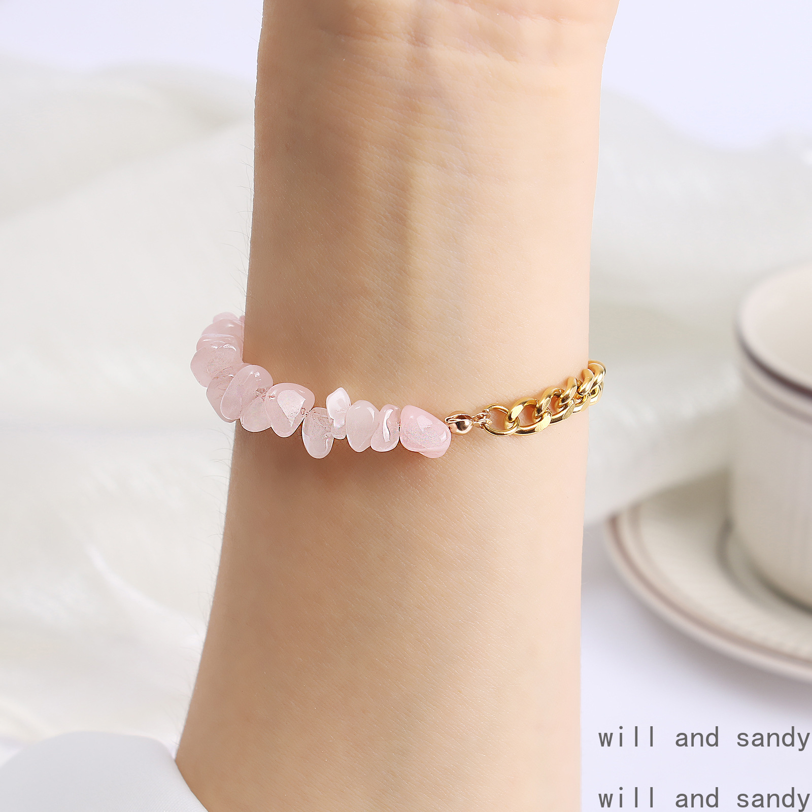 Natural Stone Chippings Bracelet Charm Stainless Steel Two Tone Gold Cuban Link Chain Bracelets Wristband Cuff for Woman Designer Jewelry