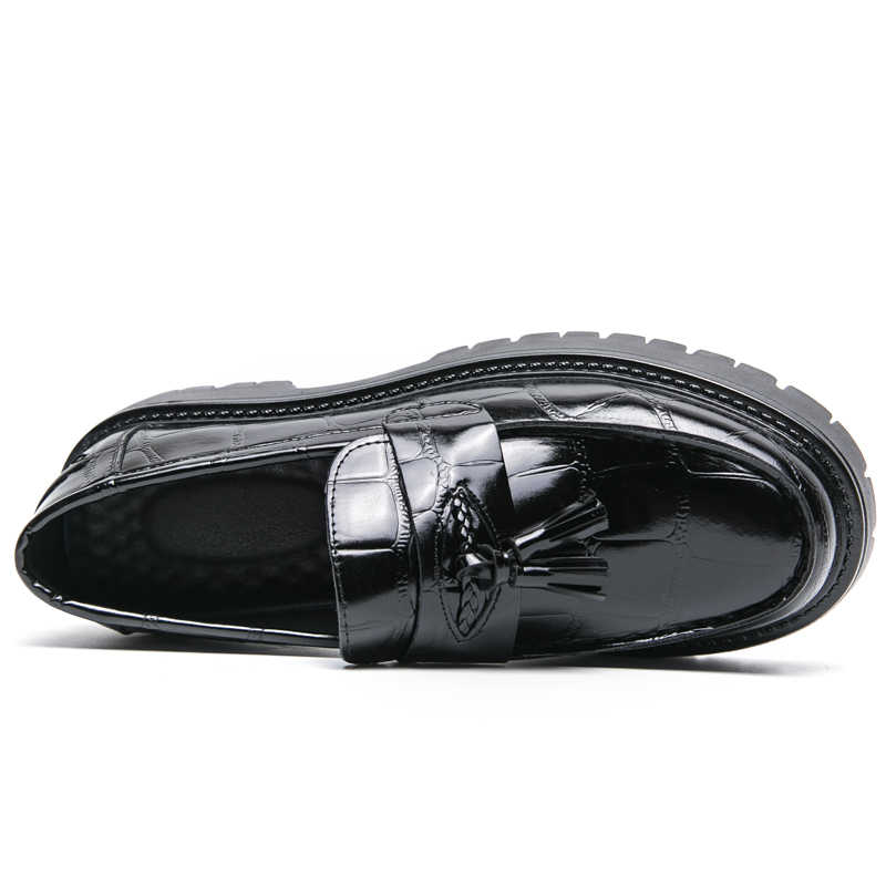 6321- New tassel thick soled high rise leather shoes British fashion business formal shoes hairstylist men's shoes big head round head casual lea