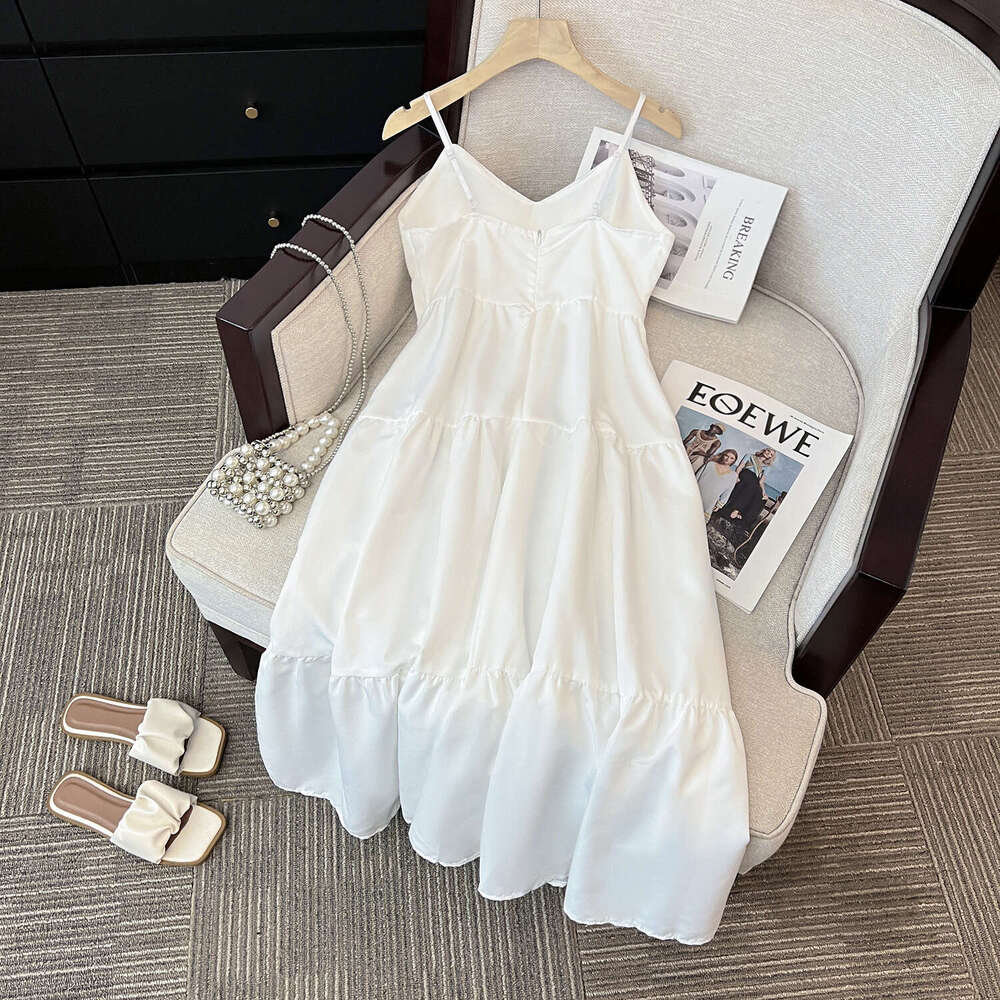 French Style White Strap For Women Summer New Simple Elegant Petite Slim Long Dress B5