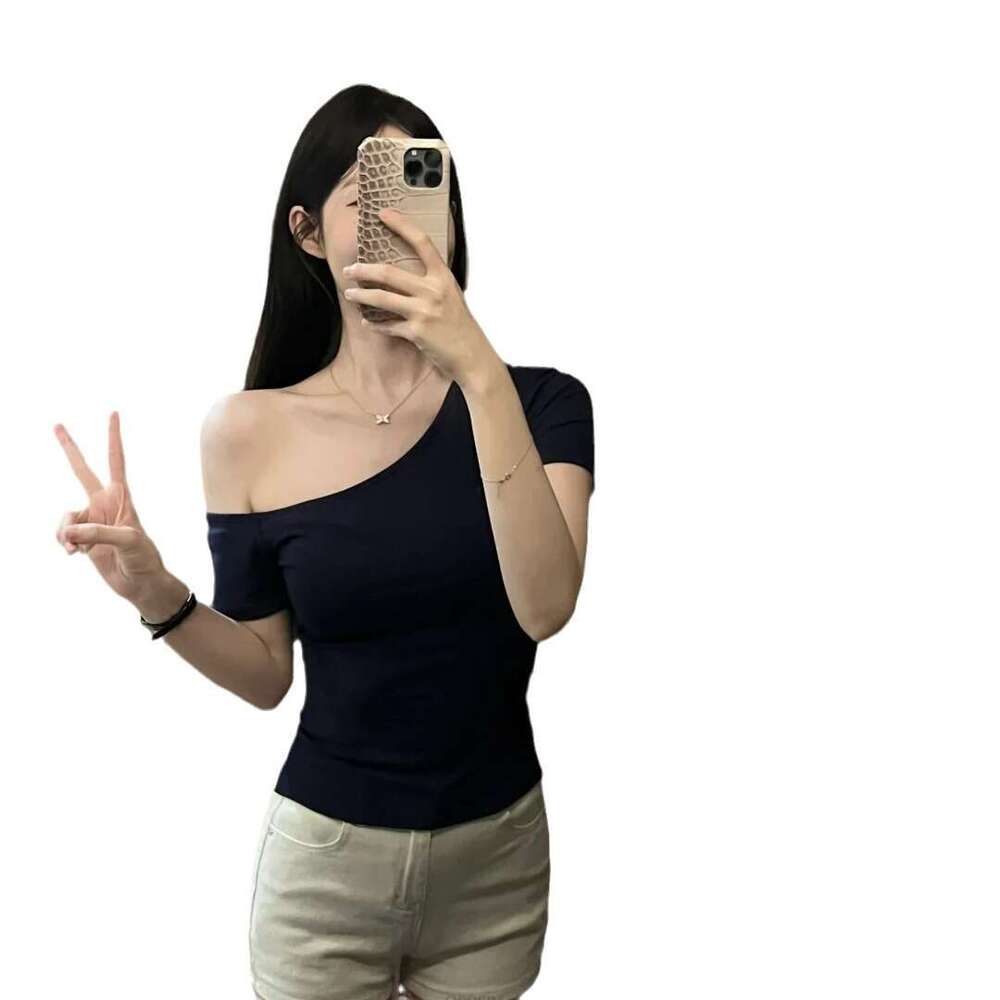 Rayon Design Off-Shoulder Top T-Shirt Subtle One-Shoulder Asymmetric Slim Fit Short Sleeve Base Shirt B5