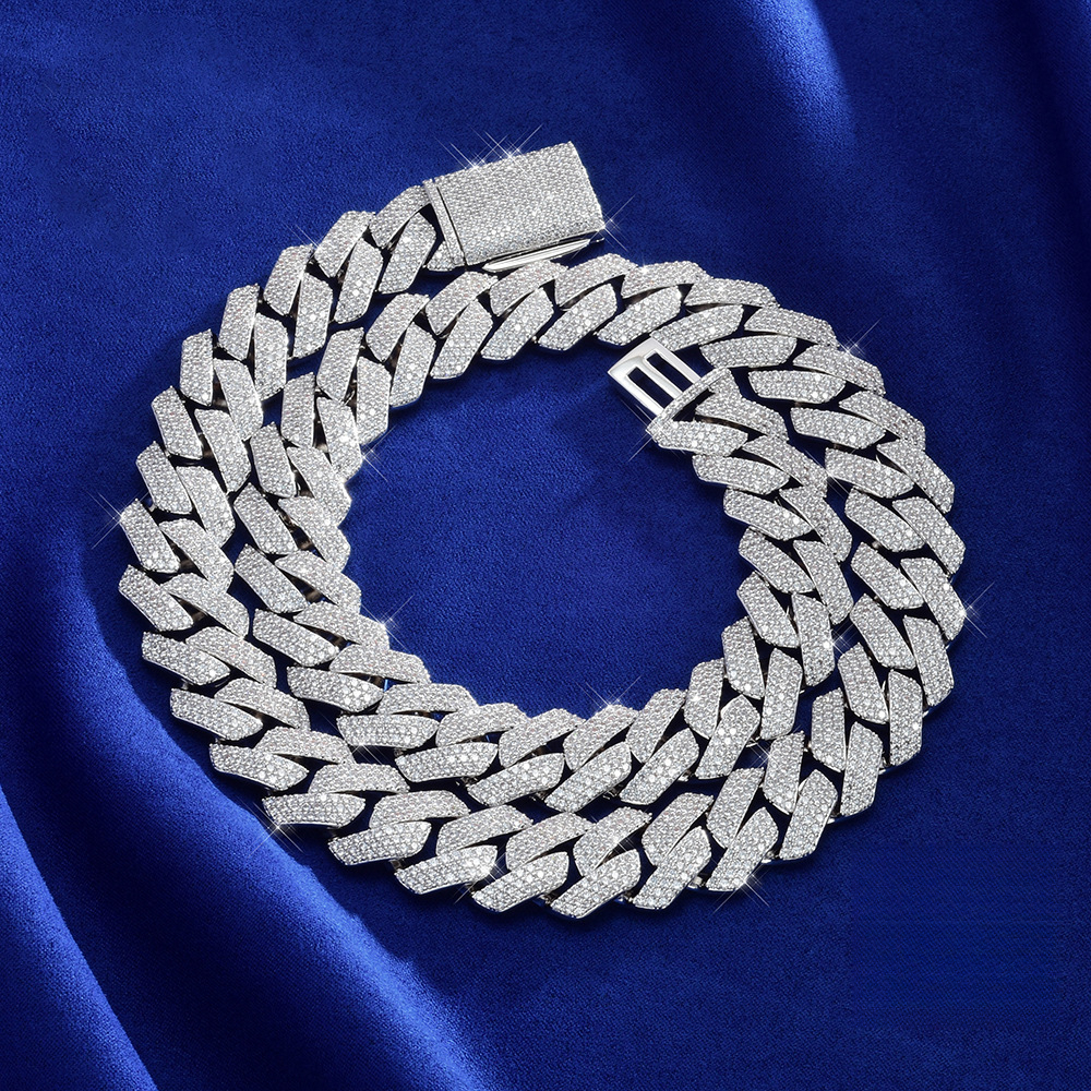 S Sier Moissanite Cuban Chain High-Quality 18mm Three-Row Dia Hip-Hop Necklace