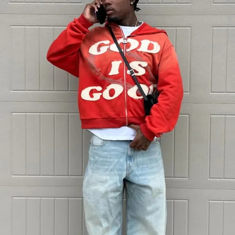 2K American Trend Retro God is Good Casual Street Wear Zip-Up Hoodie Mens and Womens Harajuku Hip-Hop Gothic Street Wear 250703
