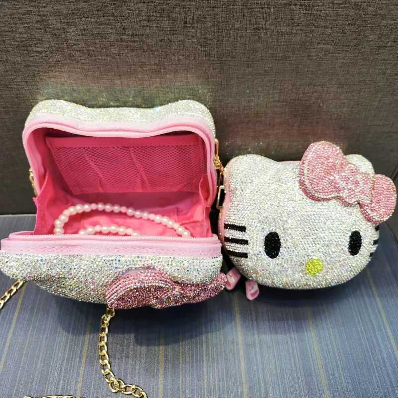 Sanrio Hello Kitty Anime Cartoon Shape Rhinestone Cartoon Full Of Diamonds Dinner Bag Handmade Diamond-set Ladys Clutch Christmas Gift w250711