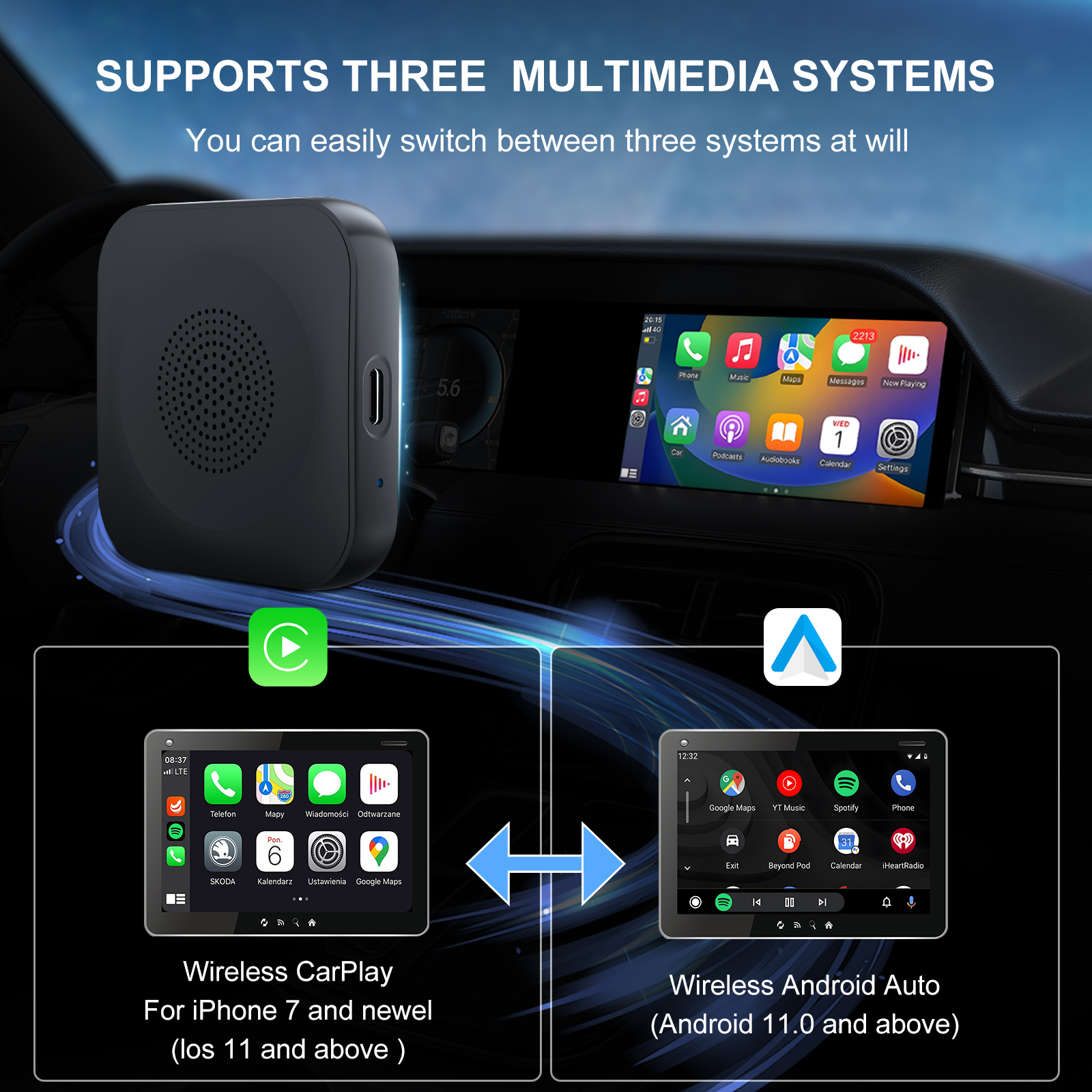 Kowankit Wireless Carplay Android Auto AI Box,Plug & Play Fits Cars From IPhone IOS 10+ & Android 11+,2in1 Android 12 4+64GB 5G GPS WiFi HD,Support An