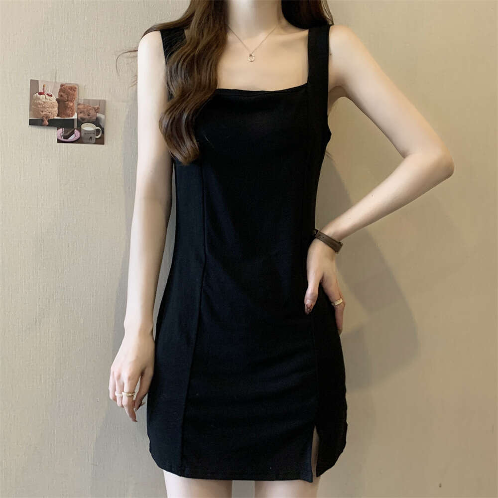 Strap Spring New High-End French Style Elegant Slim Fit Split A-Line Little Black Dress B5