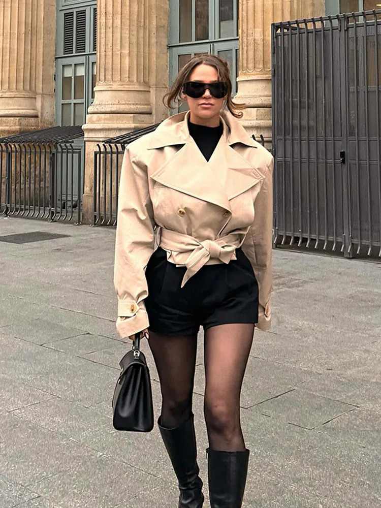 Beige Double Breasted Cropped Coat Women Large Collar Long Sleeves Belted Button Outerwear 2025 Summer Street Lady Garment 250709
