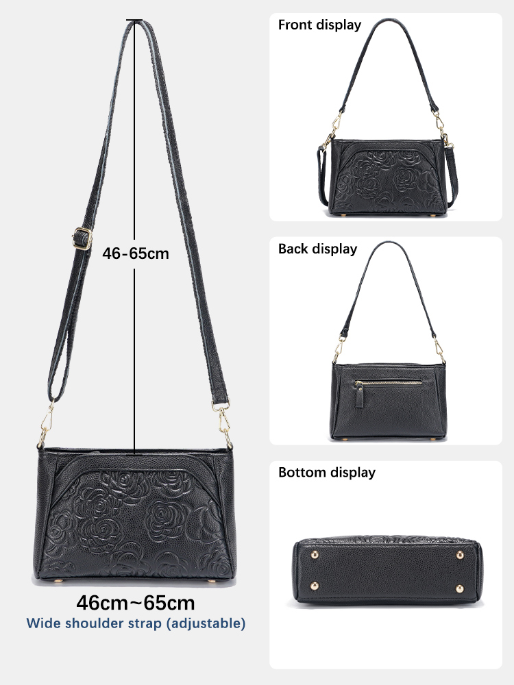 Zency Women Elegant Rose Embossing Cowhide Leather Black Handbag Shoulder Bag Crossbody Bag Small Leather Bag For Spring Summer