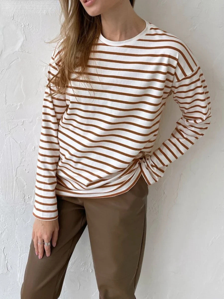 Summer Long Sleeve Striped T-Shirts Women Basic Casual Tops Female Cozy Loose Cotton Tees Harajuku T Shirt 250703