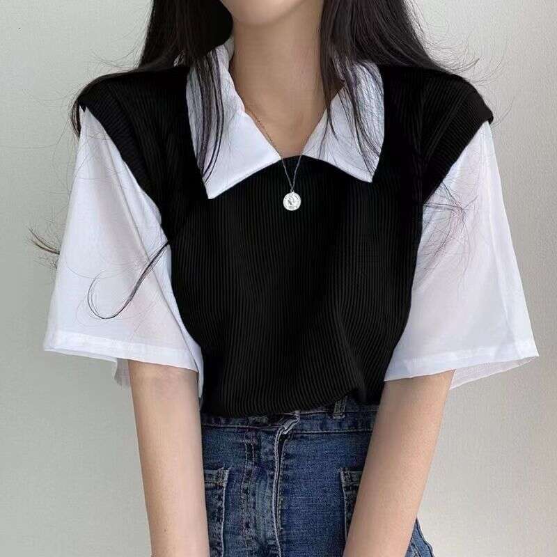 Summer Polo Collar Fake Two-Piece College Style Color-Block Short Sleeve T-Shirt For Women Loose Casual Versatile Top Ins B5