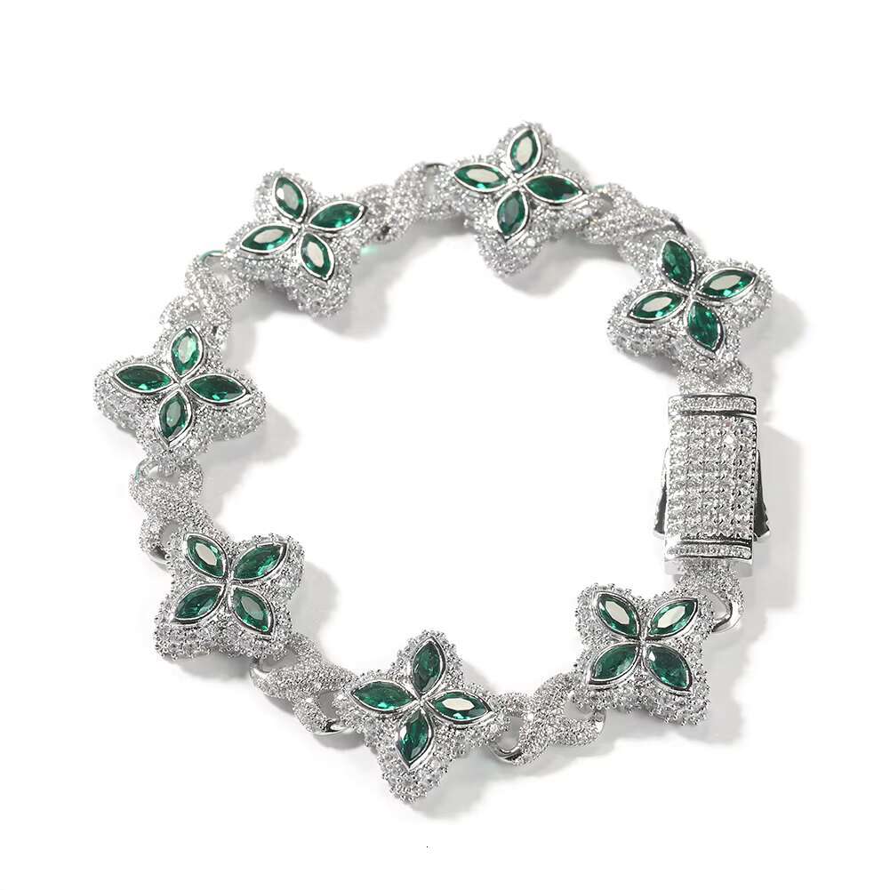 Fashion Hip Hop Jewelry 20mm Rose Gold Brass AAAAAMoissanite Colored Diamond Four Leaf Clover Infinity Link Bracelet