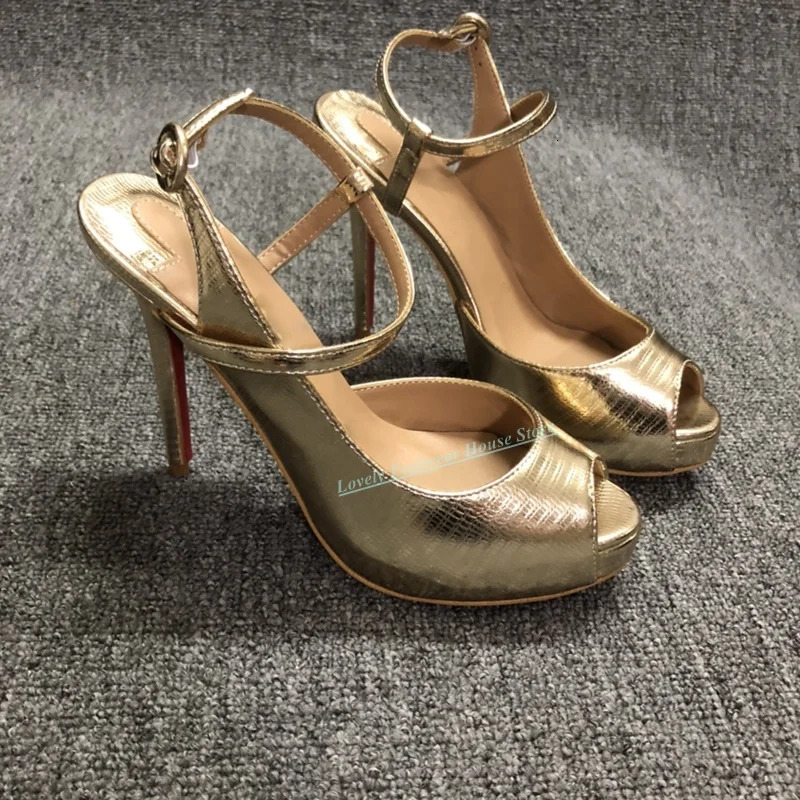 Lovely Gold Leather Woman Stiletto Heel Sandal Shoes Peep Toe Buckle Ankle Strap Female Thin High Summer 250703