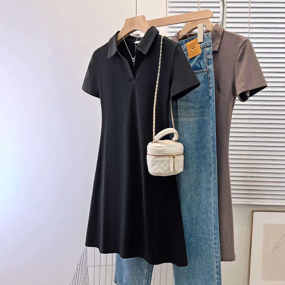Sweet Spicy Girl Pure Desire Style Short Sleeve For Women Summer Korean Version Versatile Slim Fit Half Open Polo Collar Mid-Length Dress B5