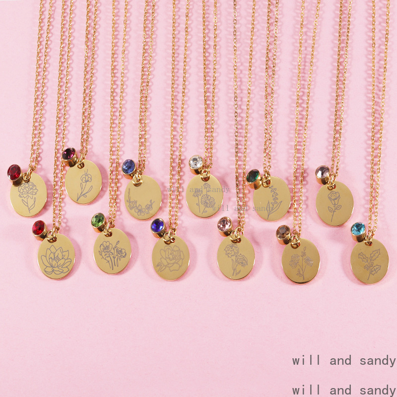 18k Gold Birthday Necklace 12 Months Flower Patter Diamond Cubic Zirconia Birthstone Necklace Penant Gold Chain Woman Girls Birthday Gift Designer Jew