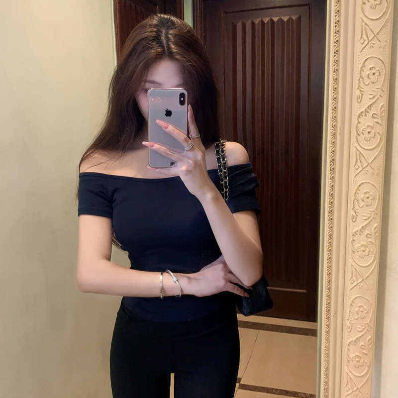 Rayon Design Off-Shoulder Top T-Shirt Subtle One-Shoulder Asymmetric Slim Fit Short Sleeve Base Shirt B5