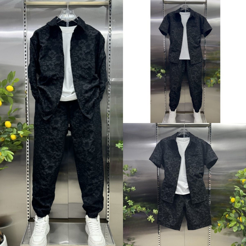 New Summer Floral Print Shirt Set for Men, Collared Lightweight Short Sleeve Two Piece Outfit with Embossed Shorts, Casual Wear