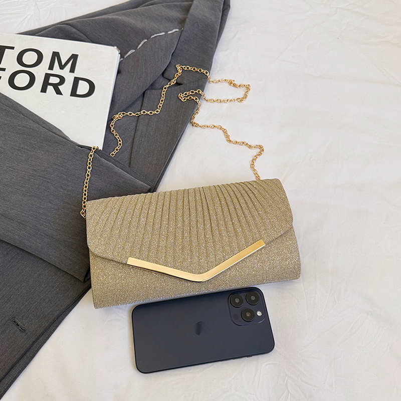 Golden Classic Simple Woman Charm Clutch Bags Glitter Shiny Evening Bag Banquet Party Handbag Metal Chain Crossbody Bag