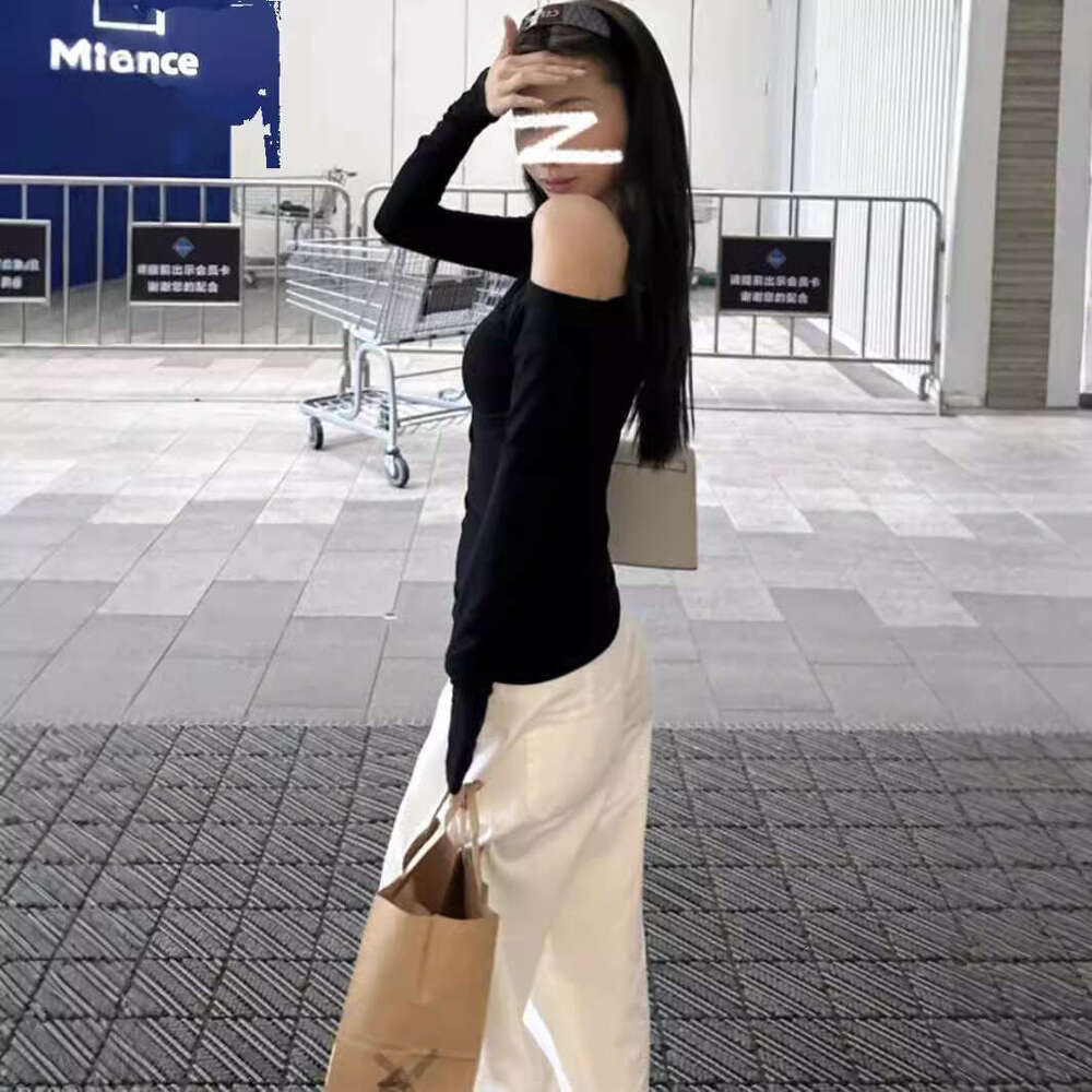 Pure Desire Hot Girl Slim Fit Off-Shoulder Long Sleeve T-Shirt Women's Early Autumn Design Versatile Base Shirt Student Top B5