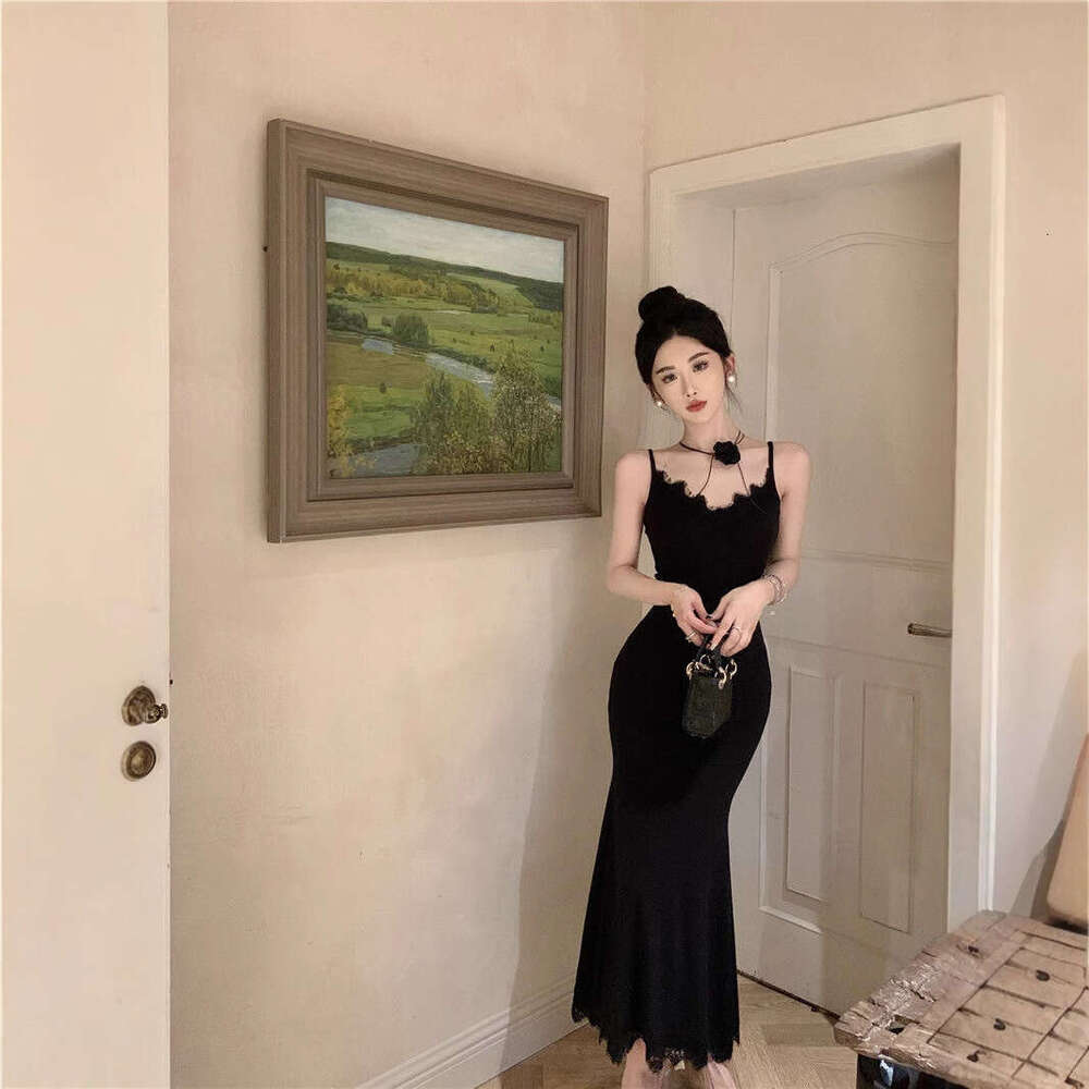 Sexy Black Strap For Women New Summer Goddess Style Elegant Waist-Cinching V-Neck Lace Long Dress B5