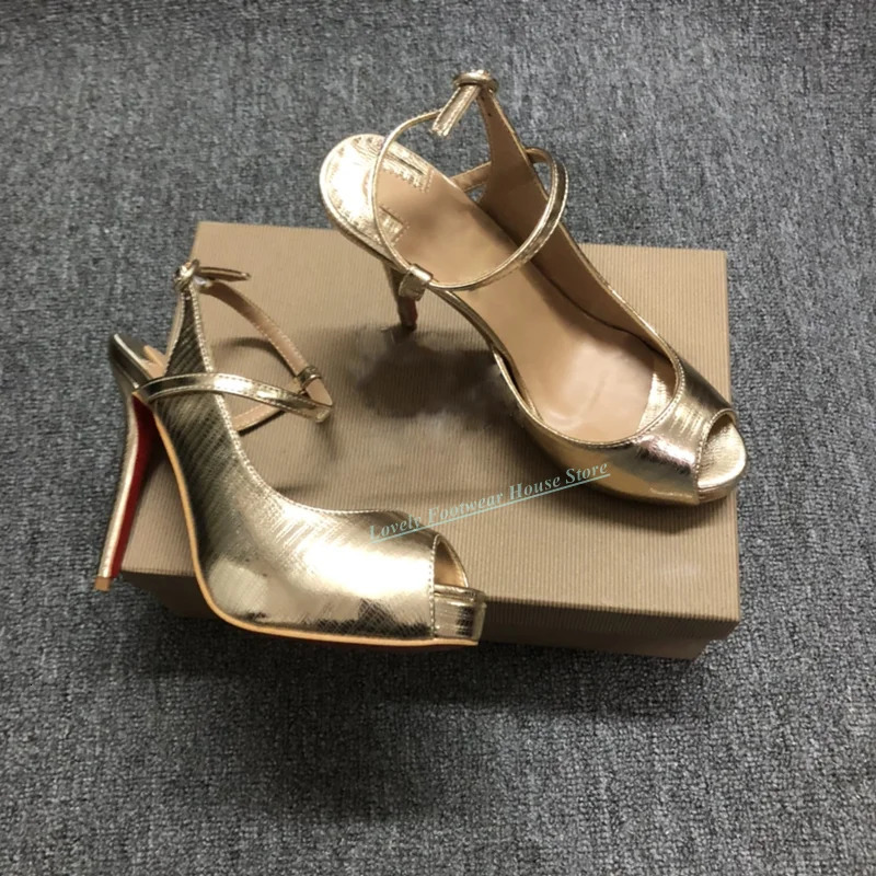 Lovely Gold Leather Woman Stiletto Heel Sandal Shoes Peep Toe Buckle Ankle Strap Female Thin High Summer 250703