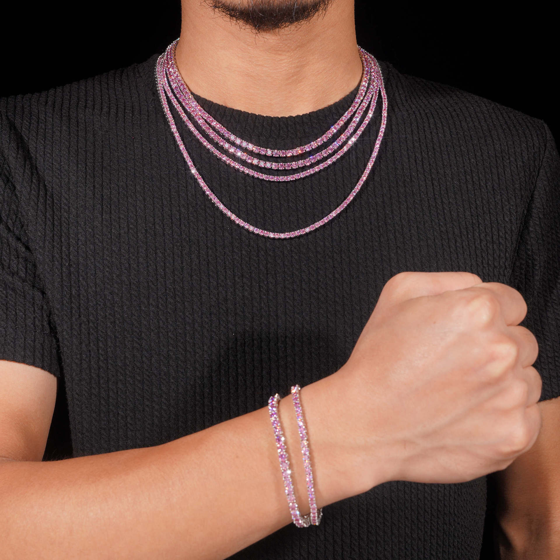 New Arrivals Hip Hop Fashion Jewelry 4mm Pink Moissanite Tennis Chains 925 Sterling Silver Iced Out Tennis Chain & Bracelet