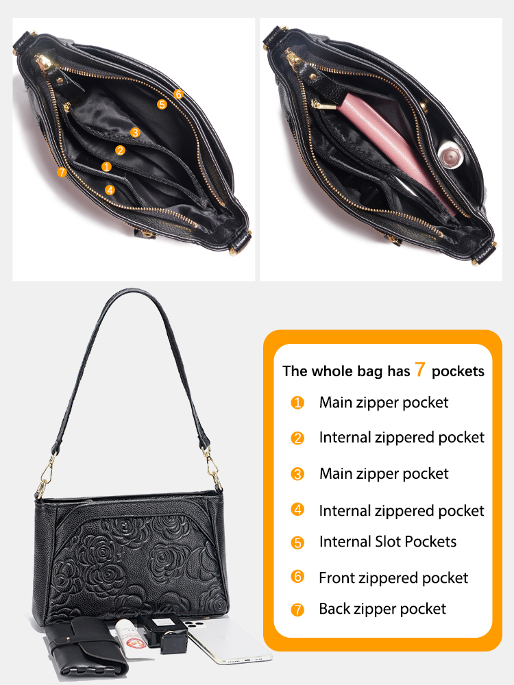 Zency Women Elegant Rose Embossing Cowhide Leather Black Handbag Shoulder Bag Crossbody Bag Small Leather Bag For Spring Summer