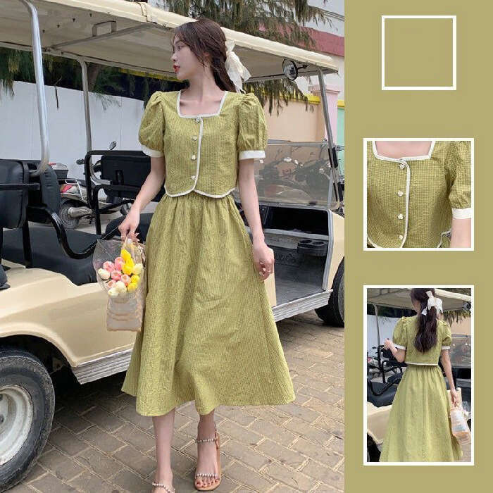 Summer New French Square Neck Puff Short Sleeve Shirt Women High Waist Mid-Length A-Line Skirt Gentle Style Set B5