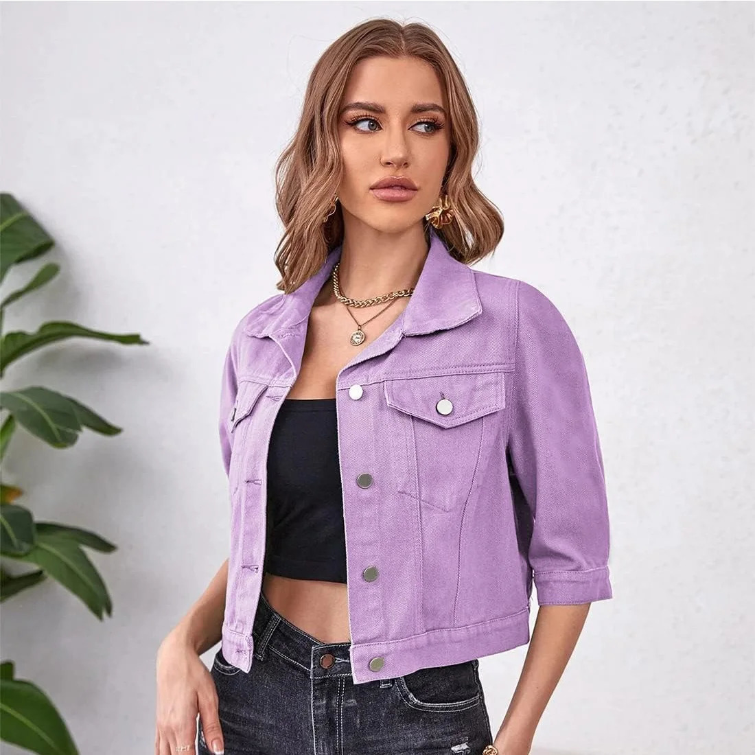 Womens Jean Jacket Cropped Denim Jackets Stretchy 3/4 Puff Sleeve Distressed Shacket With Pockets Purple Yellow White Outerwear 250709