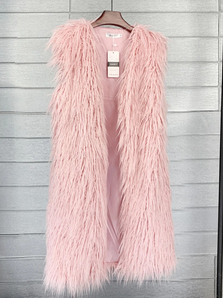 Mongolia Sheep Fur Women Long Vest Colorful Warm Faux Fur High Street Plush Coats Female Jacket Autumn Winter Furry Outerwear 250703