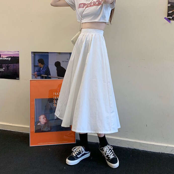 Elastic Casual A-Line Midi For Women Summer High Waist Slimming Pear-Shaped Body Flared Umbrella Skirt B5