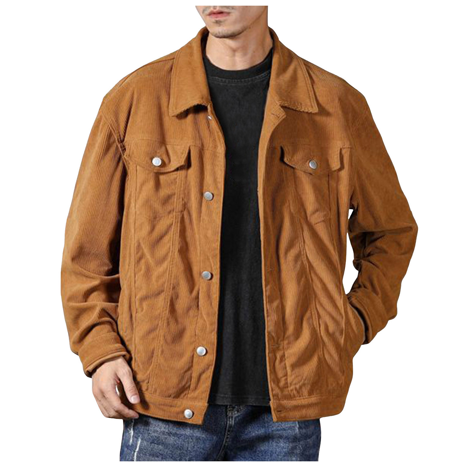 Fashion Regular Fit Corduroy Jacket Casual Button Down Washed Long Sleeve Lapel Jean Trucker Jacket Business Eiderdown Coat