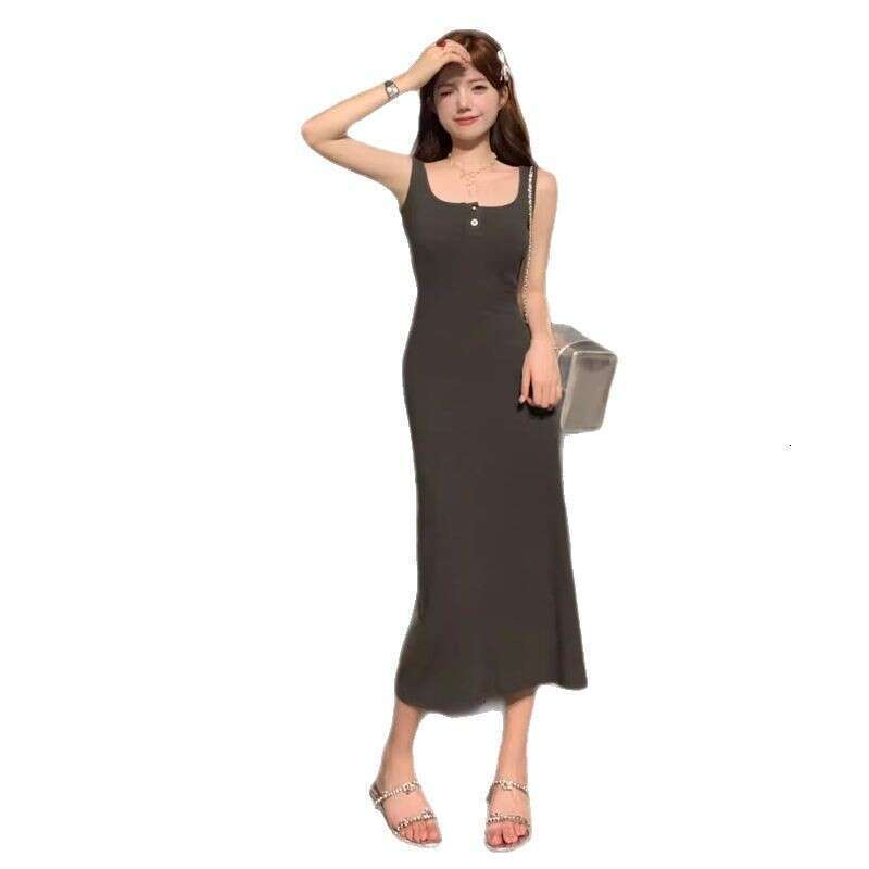 Spicy Girl Strap For Women Summer New Plus Size Sleeveless High-End Waist-Slimming Mid-Length Dress B5