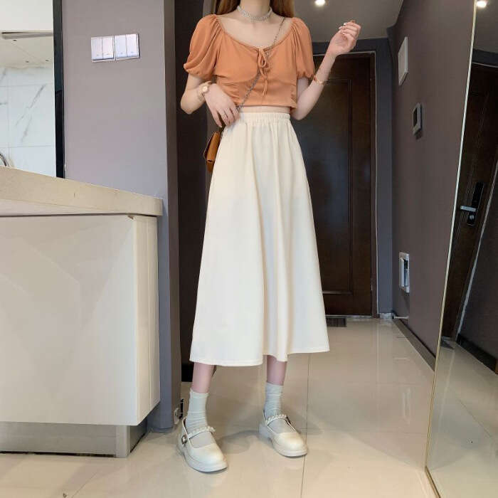Elastic Casual A-Line Midi For Women Summer High Waist Slimming Pear-Shaped Body Flared Umbrella Skirt B5