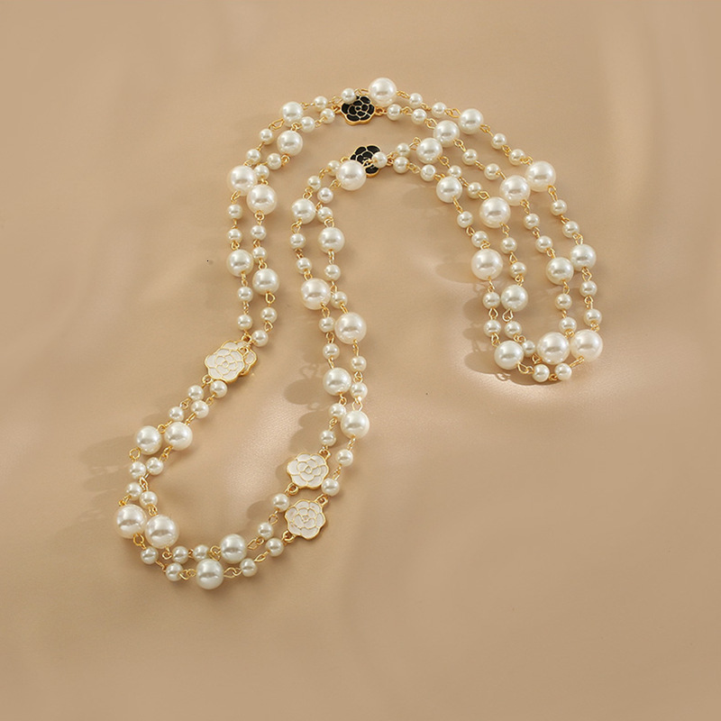 Vintage Lady Camellia Pearls Flower Long Necklace Chain Elegant Double Layers Fashion Jewelry For Women Party Collares de moda 250711