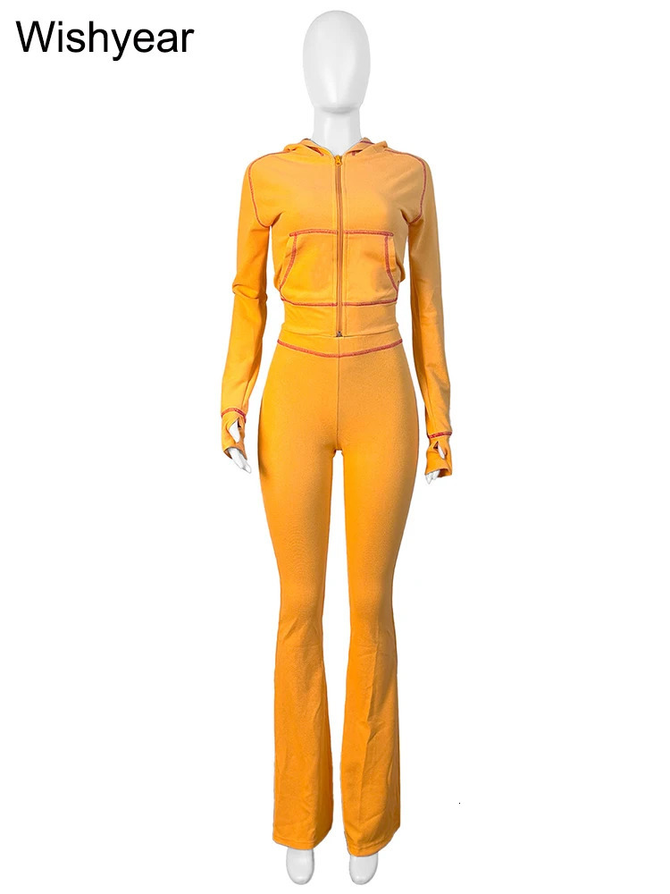 Fashion Yellow Long Sleeve Hooded Crop Jacket Top and Jogger Flare Pants Two 2 Piece Set Women Sweatsuit Tracksuit Matching Suit 250709