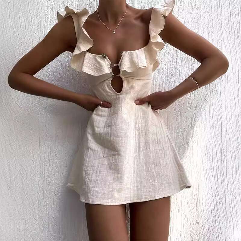 Summer Hollow Out Button Ruffles Short Sexy V Neck Sleeveless Solid Color New Holiday Beach Cotton Linen Mini Dress dongdumaoyi