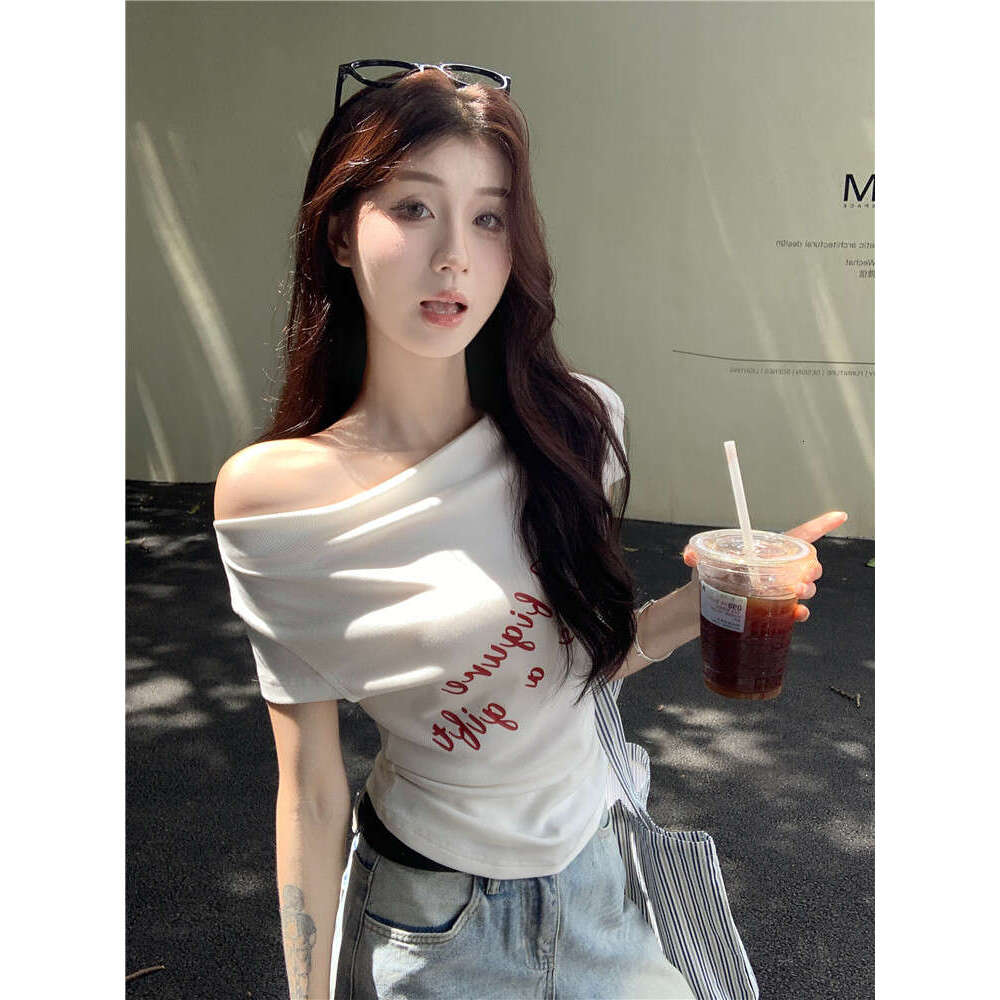 Off-Shoulder Sleeve Slim Fit T-Shirt For Women Summer Letter Print Slimming Hot Girl Versatile Short Top B5