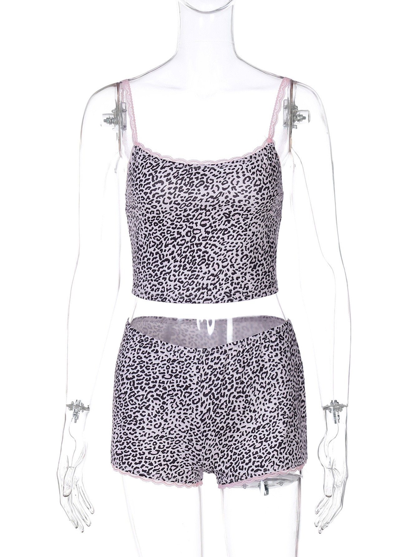 Sexy leopard print lace vest shorts set Fashion tight figure summer girl suit crop top
