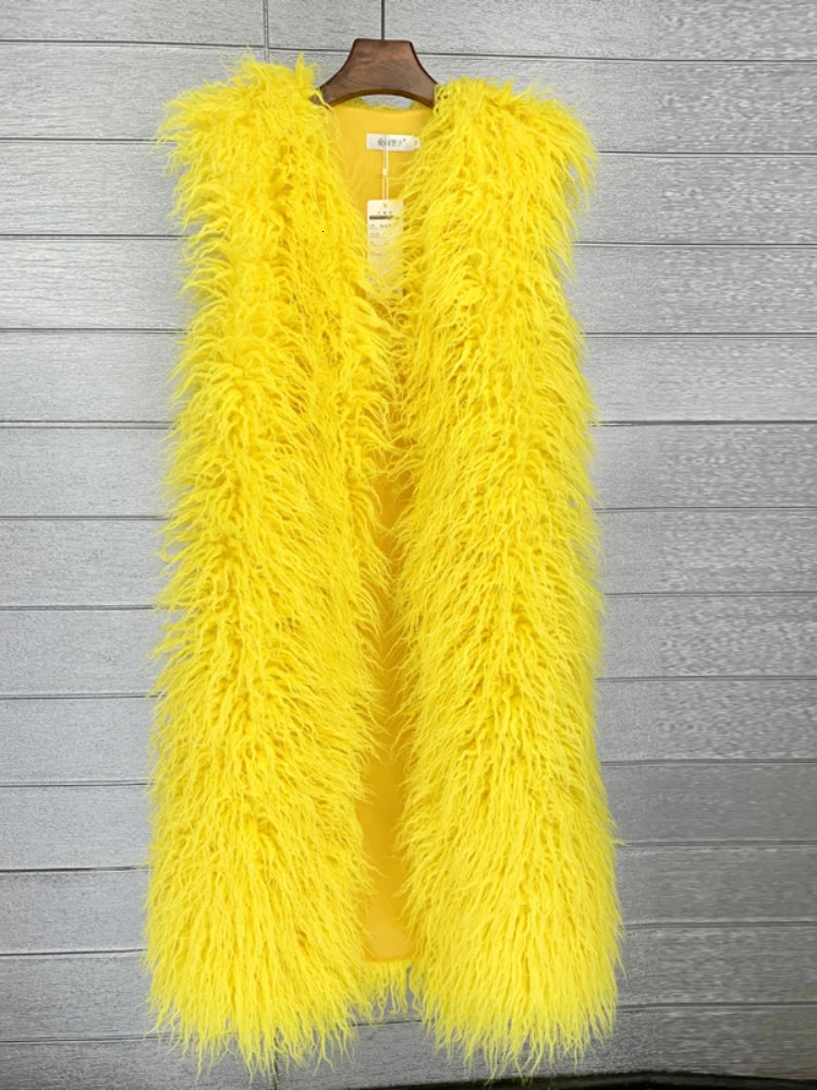 Mongolia Sheep Fur Women Long Vest Colorful Warm Faux Fur High Street Plush Coats Female Jacket Autumn Winter Furry Outerwear 250703