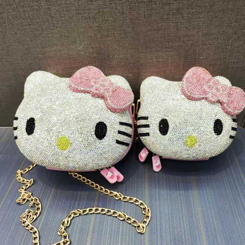 Sanrio Hello Kitty Anime Cartoon Shape Rhinestone Cartoon Full Of Diamonds Dinner Bag Handmade Diamond-set Ladys Clutch Christmas Gift w250711