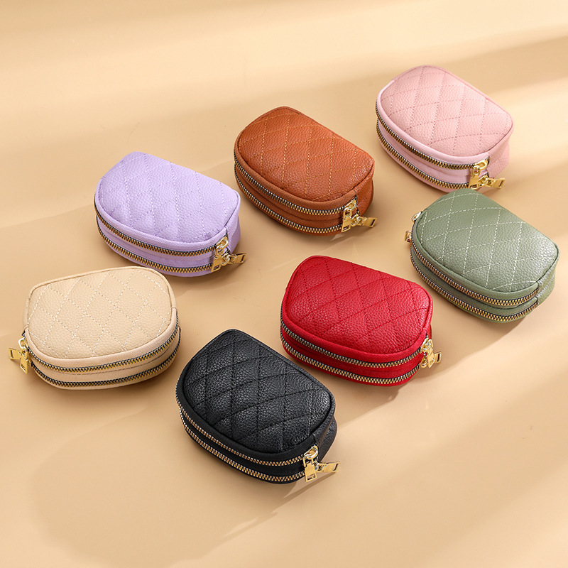 New Handheld Mini Womens Wallet Diamond Stitching Double Zipper Coin Purse PU Leather