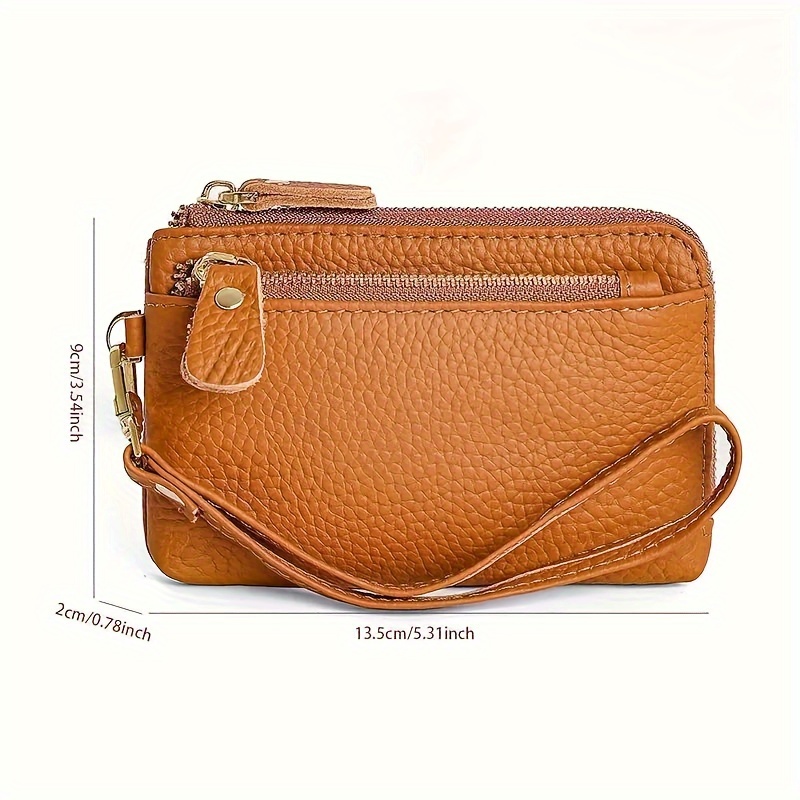 Genuine Leather Women's Wallet, Zipper Around Bank Card & Coin Purs with Detachable Wrist Strap Lychee Pattern Handbag