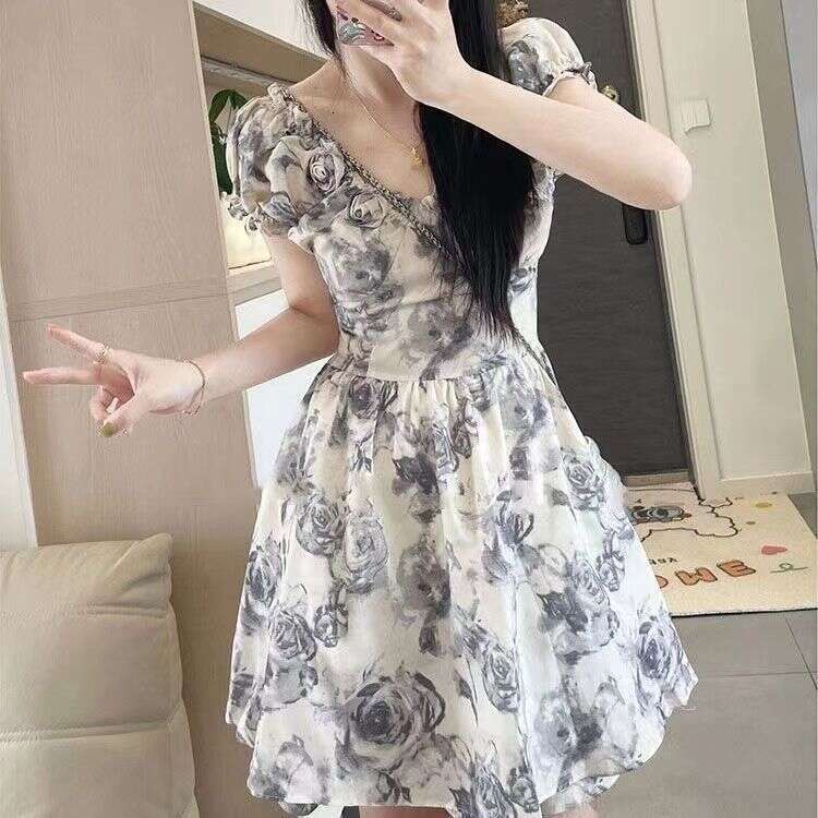 Ink Wash Rose 3D Flower Puffy Skirt Women Summer New French Style Petite Waist-Cinching Elegant Dress B5