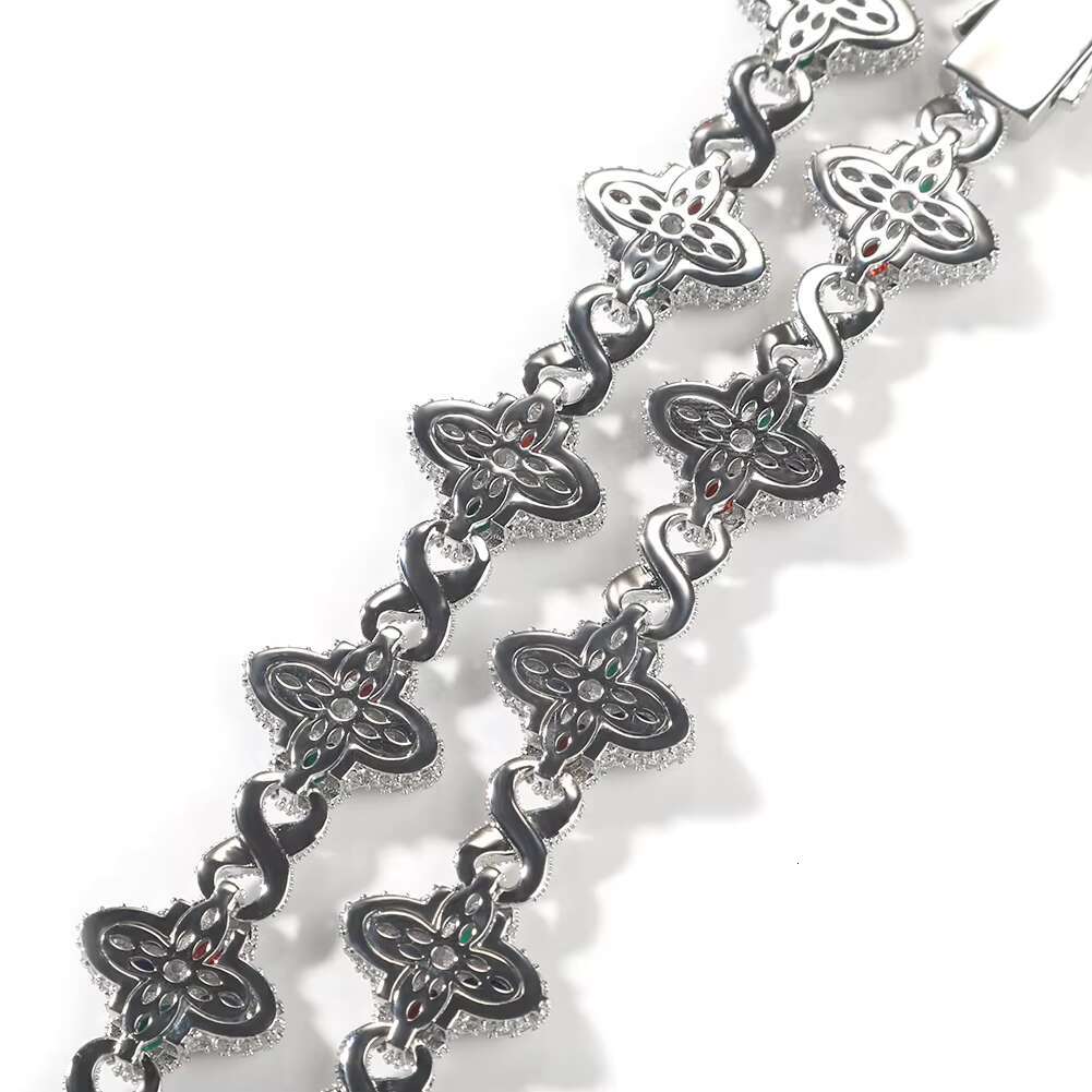Fashion Hip Hop Jewelry 20mm Rose Gold Brass AAAAAMoissanite Colored Diamond Four Leaf Clover Infinity Link Bracelet