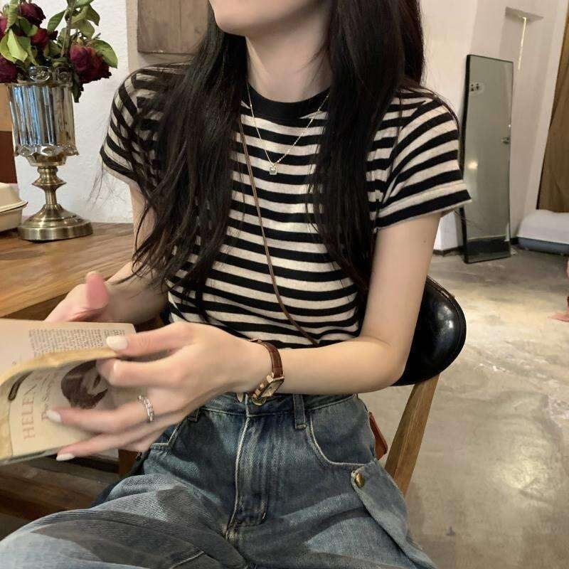 Striped Base Shirt Summer New Design Short Sleeve T-Shirt Women's American Style Student Slim Fit Top B5
