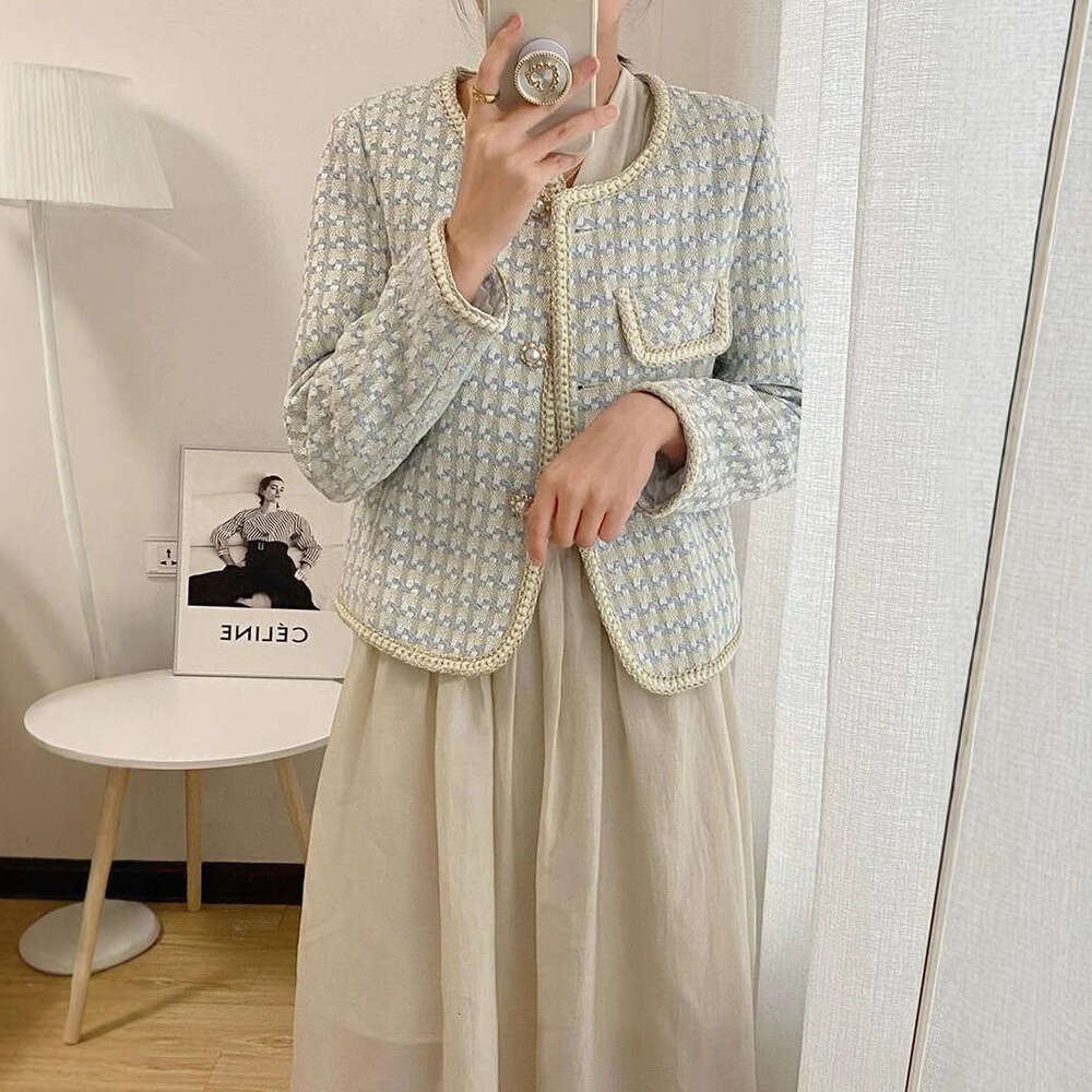 Spring And Autumn New Light Blue French Tweed Petite Elegant Short Jacket For Women B5