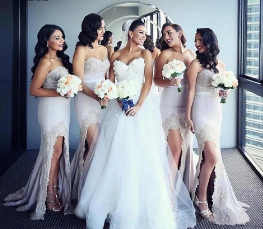 Long Bridesmaid Sexy Sweetheart With Lace Applique Evening Dresses Side Split Sweep Train Custom Made Back Zipper Dresses For Wedding