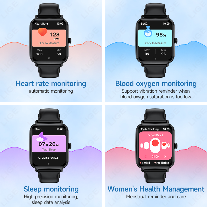 LIGE smartwatch features wireless call, music control, heart rate and blood pressure monitoring, health monitoring, multiple sports modes, and is IP67