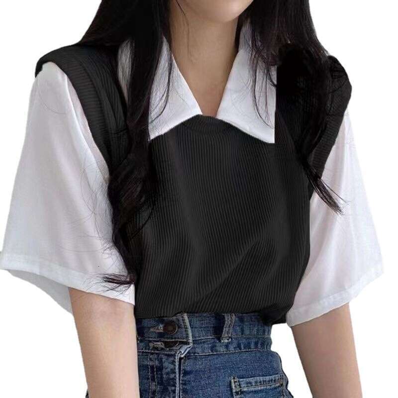 Summer Polo Collar Fake Two-Piece College Style Color-Block Short Sleeve T-Shirt For Women Loose Casual Versatile Top Ins B5